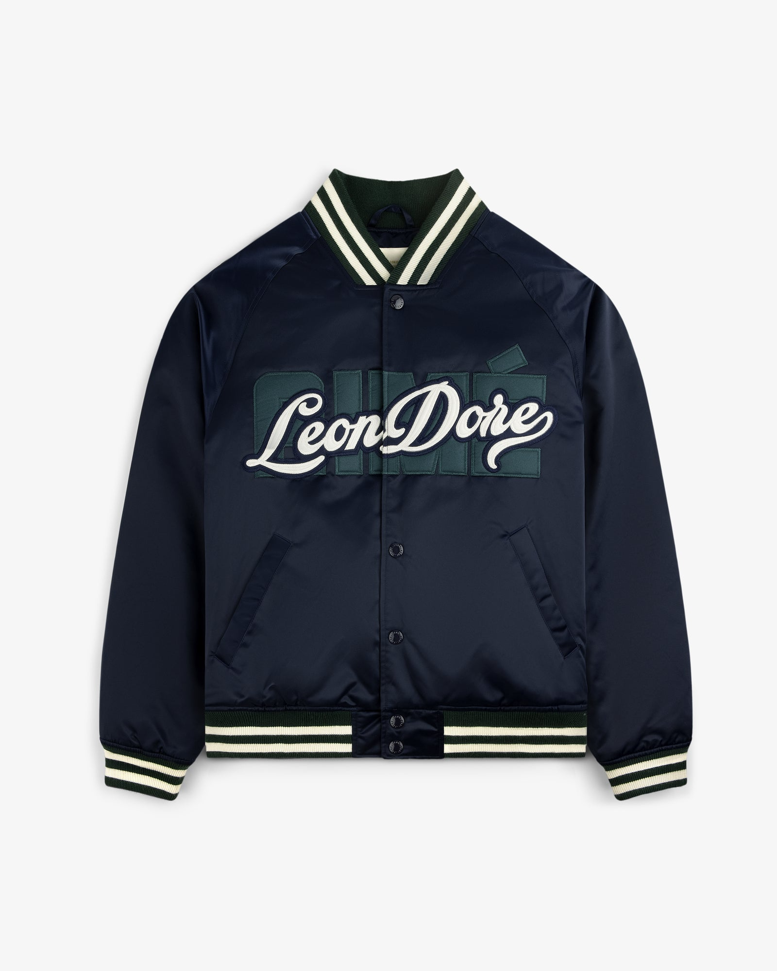 Navy Blazer Overlay Logo Satin Varsity Jacket Navy Blazer Overlay Logo Satin Varsity Jacket